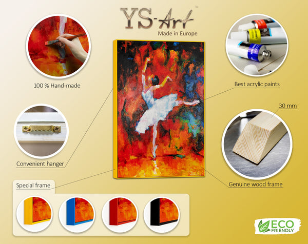 The painting "Dance of Fire" is an expressive ballet scene in a fiery palette