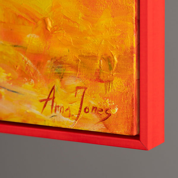 The painting "Dance of Fire" is an expressive ballet scene in a fiery palette