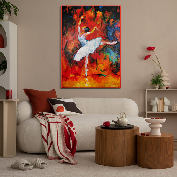 The painting "Dance of Fire" is an expressive ballet scene in a fiery palette