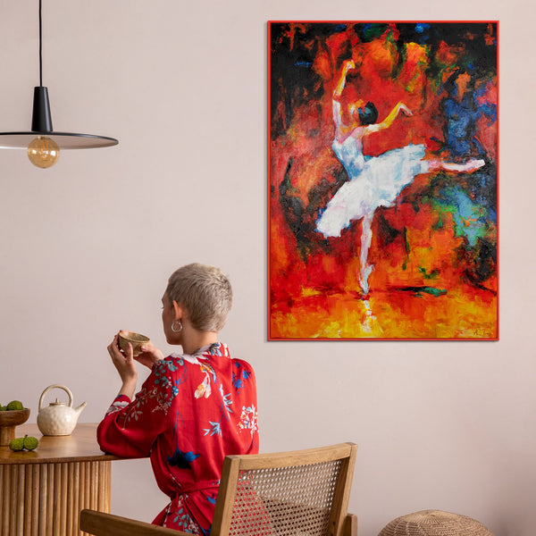 The painting "Dance of Fire" is an expressive ballet scene in a fiery palette