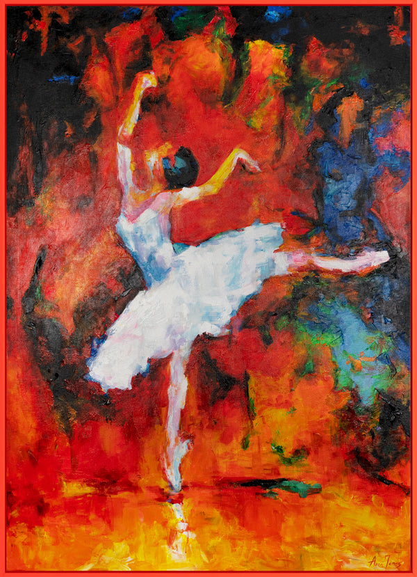 The painting "Dance of Fire" is an expressive ballet scene in a fiery palette
