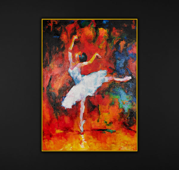 The painting "Dance of Fire" is an expressive ballet scene in a fiery palette