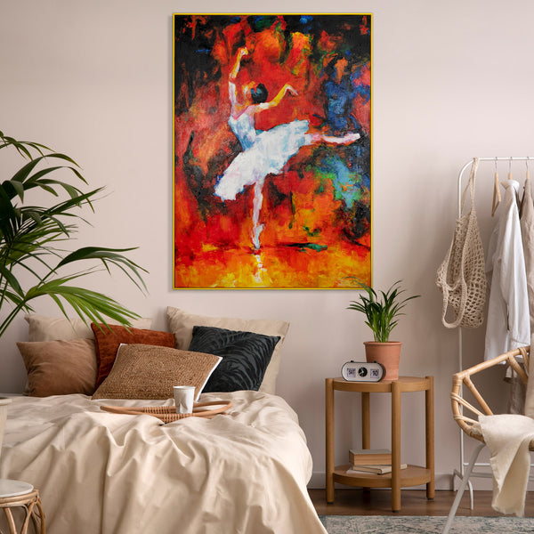 The painting "Dance of Fire" is an expressive ballet scene in a fiery palette