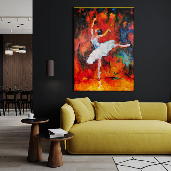 The painting "Dance of Fire" is an expressive ballet scene in a fiery palette