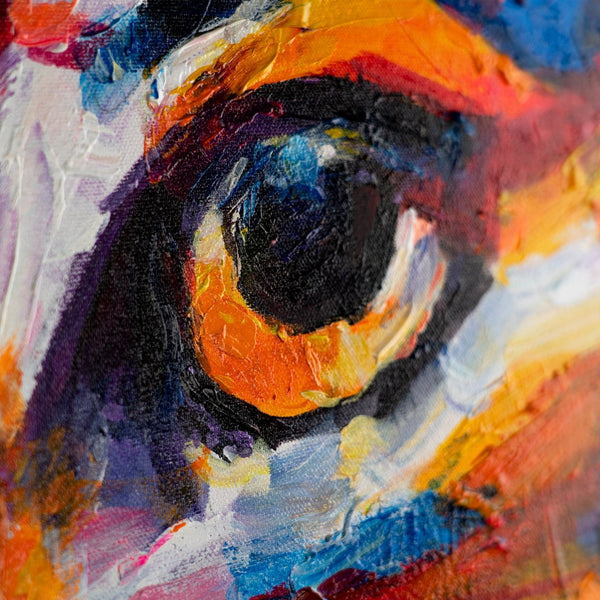 The painting "Fiery Gaze" is an emotional portrait of a cat in an expressive palette