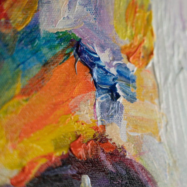 The painting "Fiery Gaze" is an emotional portrait of a cat in an expressive palette