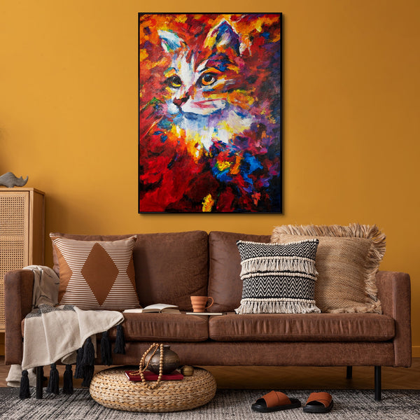 The painting "Fiery Gaze" is an emotional portrait of a cat in an expressive palette