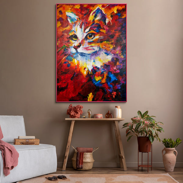 The painting "Fiery Gaze" is an emotional portrait of a cat in an expressive palette