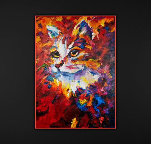 The painting "Fiery Gaze" is an emotional portrait of a cat in an expressive palette