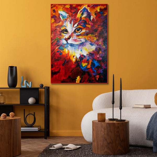 The painting "Fiery Gaze" is an emotional portrait of a cat in an expressive palette