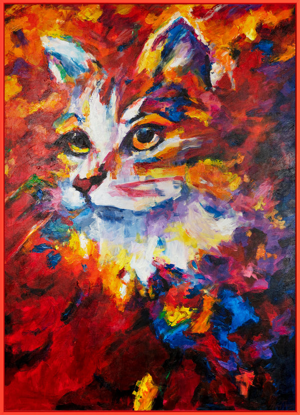 The painting "Fiery Gaze" is an emotional portrait of a cat in an expressive palette