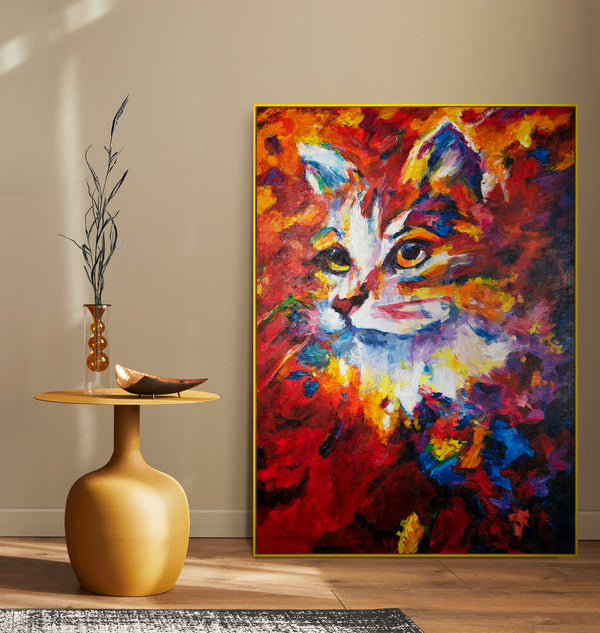 The painting "Fiery Gaze" is an emotional portrait of a cat in an expressive palette