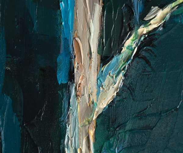 The painting "The Silence of the Birch Glade" is an abstract impression of nature in green and blue tones.
