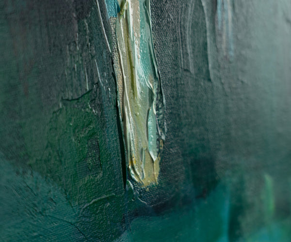 The painting "The Silence of the Birch Glade" is an abstract impression of nature in green and blue tones.