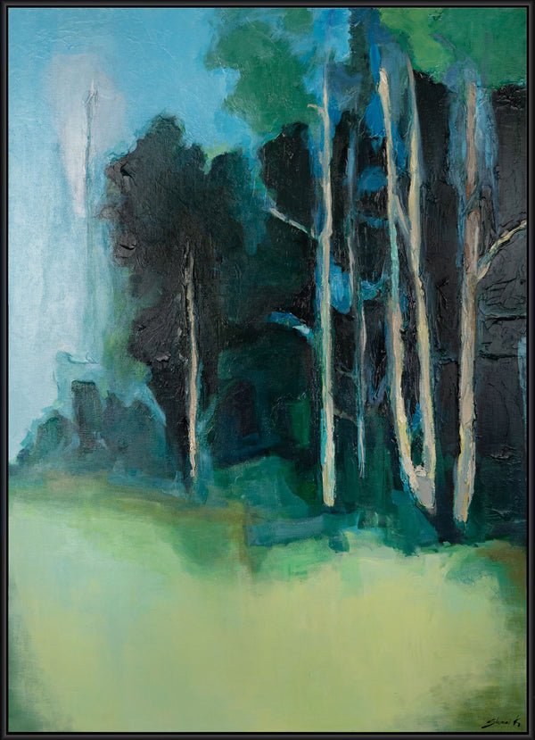 The painting "The Silence of the Birch Glade" is an abstract impression of nature in green and blue tones.