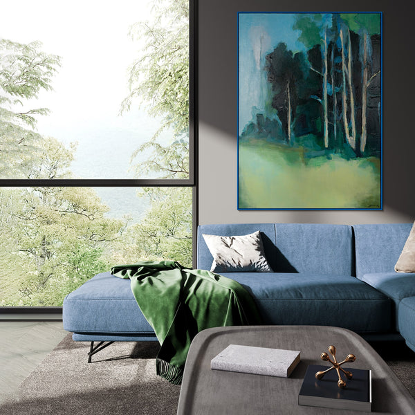 The painting "The Silence of the Birch Glade" is an abstract impression of nature in green and blue tones.