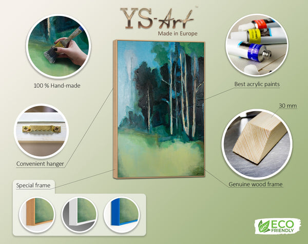 The painting "The Silence of the Birch Glade" is an abstract impression of nature in green and blue tones.