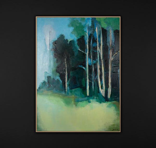 The painting "The Silence of the Birch Glade" is an abstract impression of nature in green and blue tones.