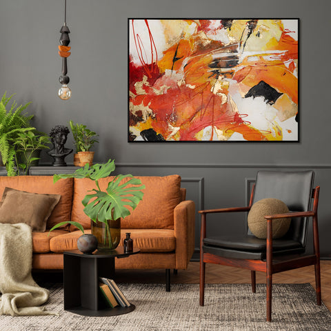 Bright abstraction painting with frame on canvas "Orange expression"