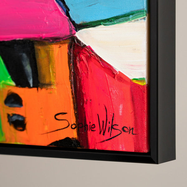 The painting "City of Colors" is a bright urban abstraction