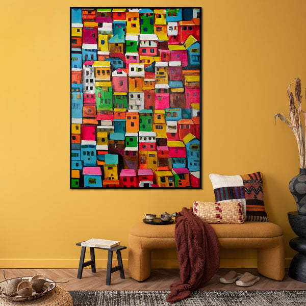 The painting "City of Colors" is a bright urban abstraction