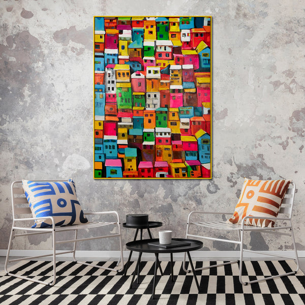 The painting "City of Colors" is a bright urban abstraction