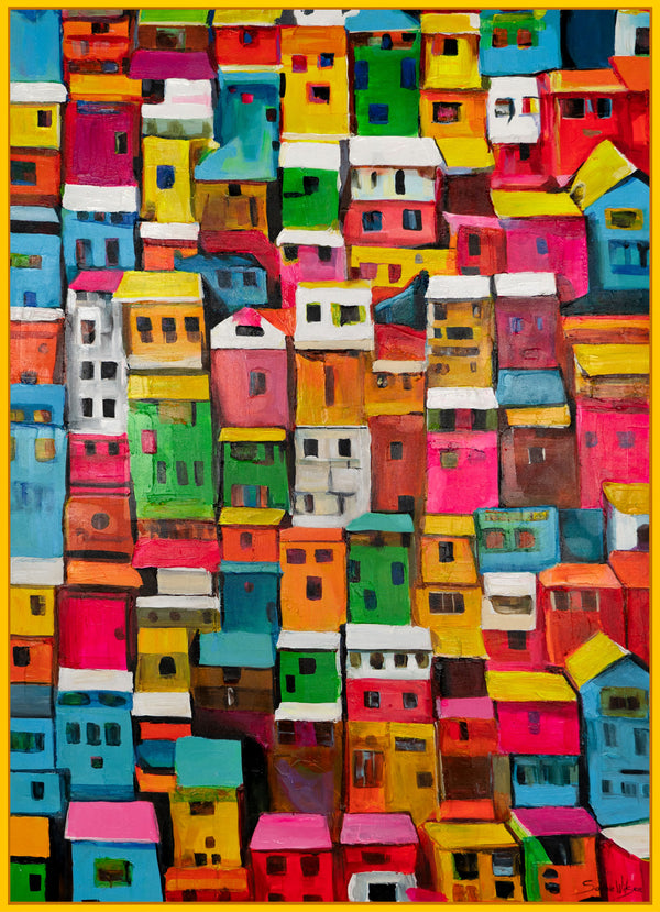 The painting "City of Colors" is a bright urban abstraction