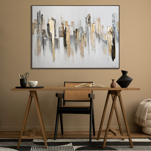 The painting "Urban Rhythms" is an abstraction with architectural geometry