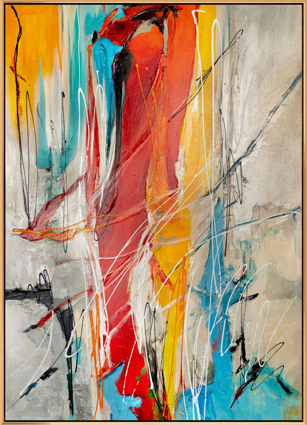 The painting "Pulse of Color" is an energetic abstraction with a vertical rhythm