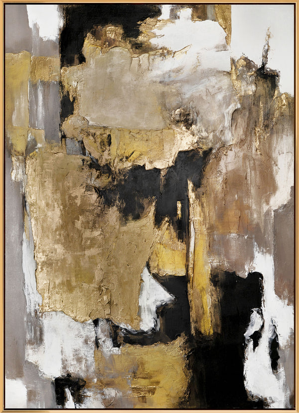 The painting "Mineral Pause" is an abstract composition with deep golden-black massifs