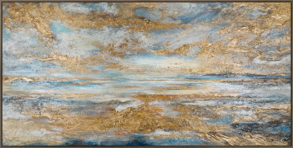 The painting "Calm Horizon" is a horizontal abstraction with elements of a seascape