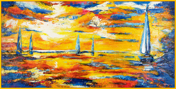The painting "Regatta at Sunset" is a horizontal sea scene in fiery, sunny colors.