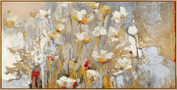 The painting "Spring Field" is a horizontal floral abstraction in pastel colors.