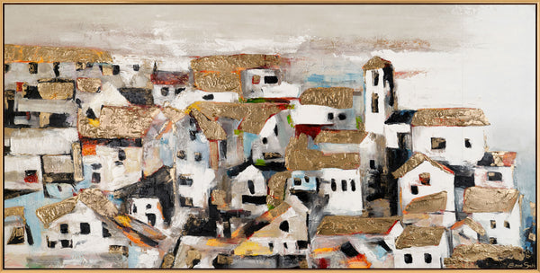 The painting "Sunny Town II" is an abstract cityscape with warm accents