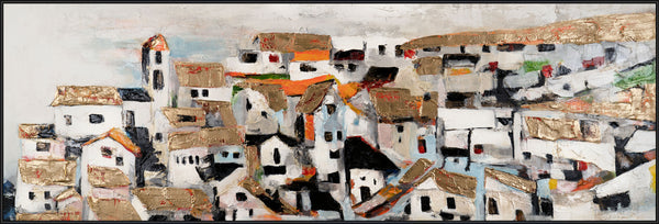 The painting "Sunny Town" is an abstract cityscape with warm accents