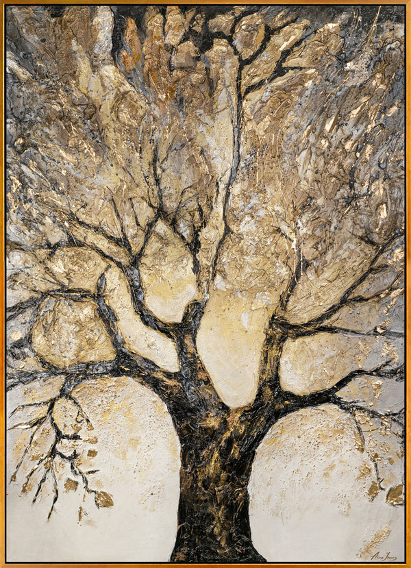 The painting "Golden Tree" is a vertical composition with a spreading tree