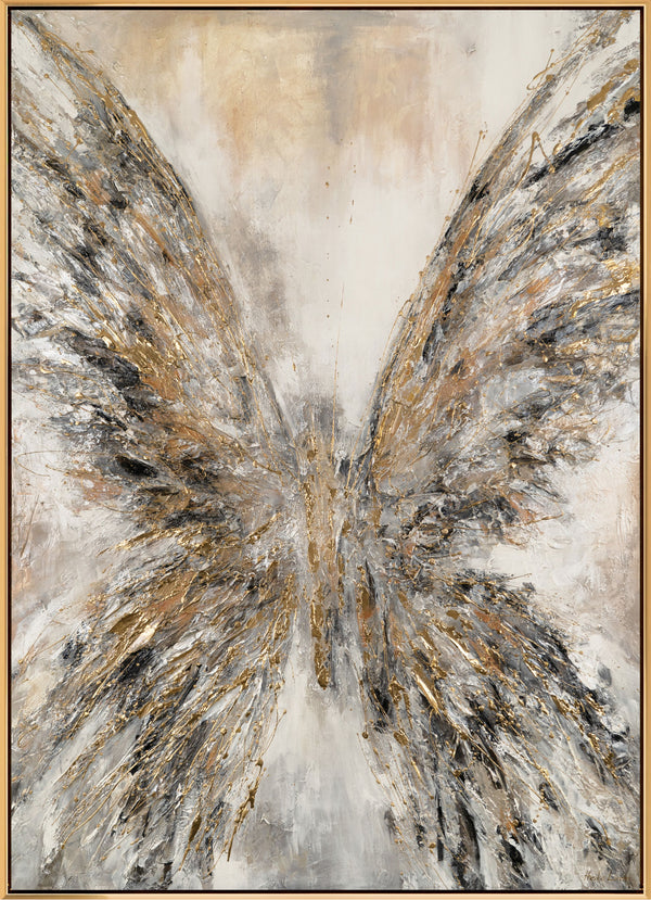 The painting "Touch of Wings" is a vertical abstraction with the motif of a wing in flight