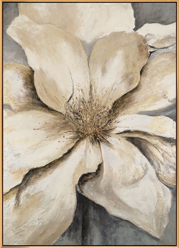 The painting "The Greatness of Petals" is a floral accent in restrained elegance
