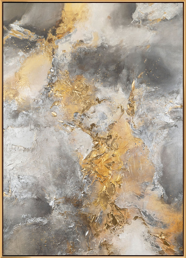 The painting "Pulse of the Earth" is a vertical abstraction with a mineral glow