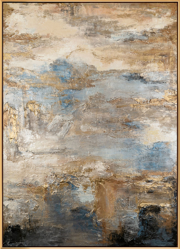 The painting "Golden Breath of the Horizon" is a textured seascape in warm tones