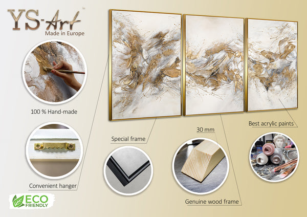 The painting "Shining Shades" is an abstract triptych in a light palette with gold accents