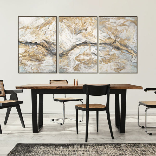 Painting "Silence of the Stone" - an abstract golden triptych for the interior