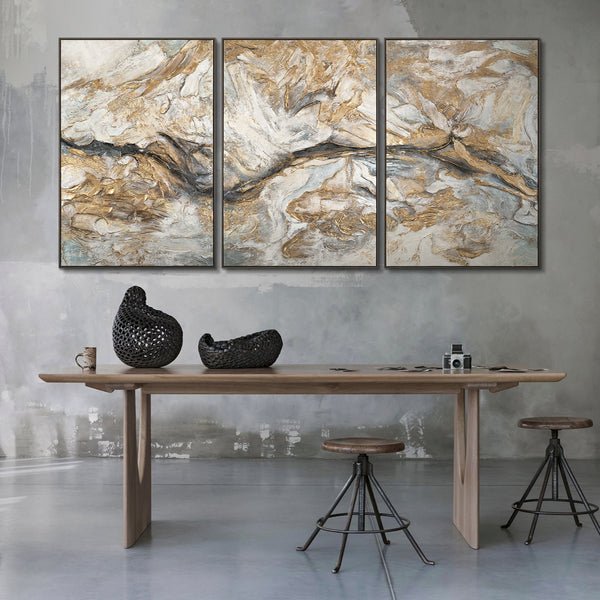 Painting "Silence of the Stone" - an abstract golden triptych for the interior