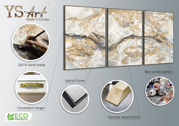 Painting "Silence of the Stone" - an abstract golden triptych for the interior