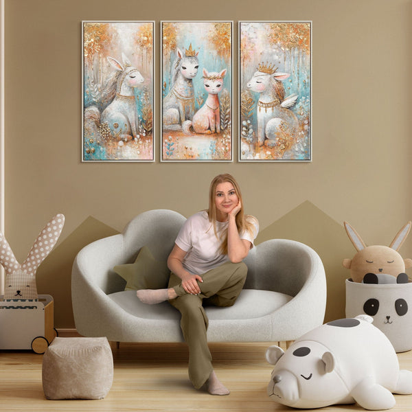 The painting "Royal Unicorns" is a fairy-tale triptych in a golden-pastel palette