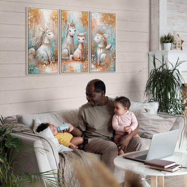 The painting "Royal Unicorns" is a fairy-tale triptych in a golden-pastel palette