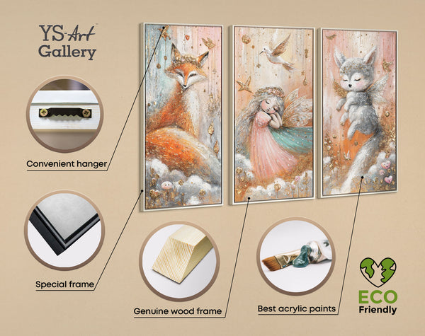 The painting "Magical Fairy Tale" is a children's triptych in a soft pastel palette