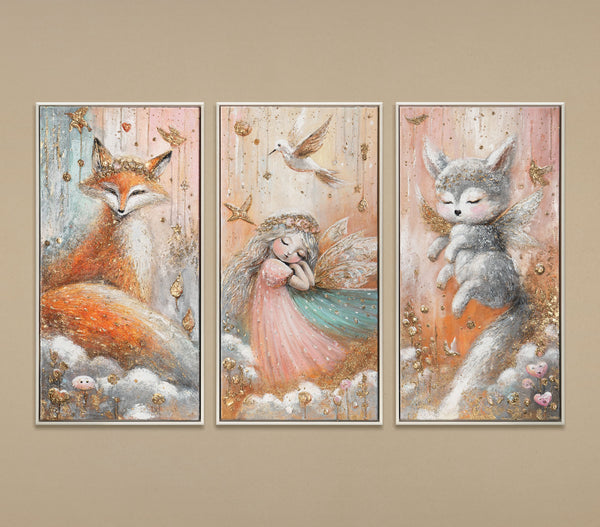 The painting "Magical Fairy Tale" is a children's triptych in a soft pastel palette