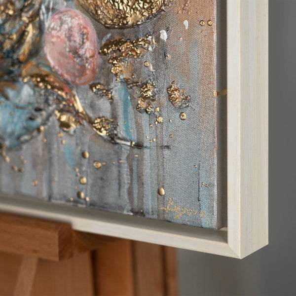 The painting "Fairytale Bunnies" is a delicate children's trio with a textural shine