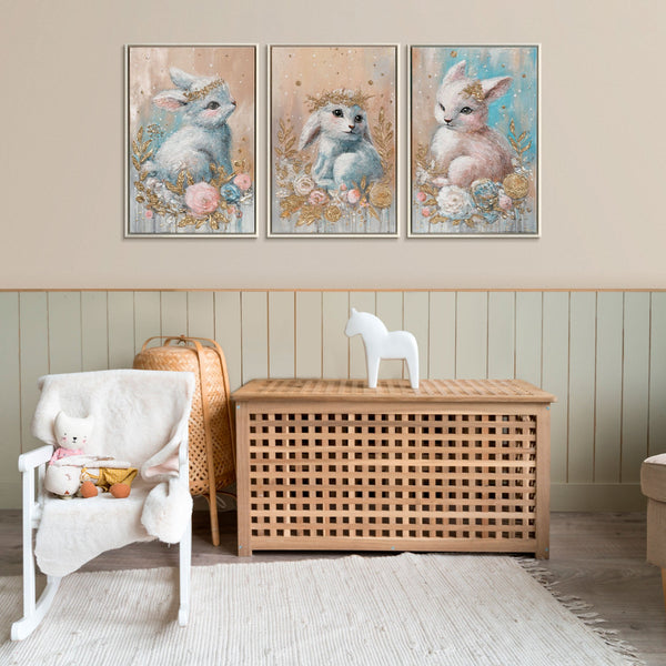 The painting "Fairytale Bunnies" is a delicate children's trio with a textural shine